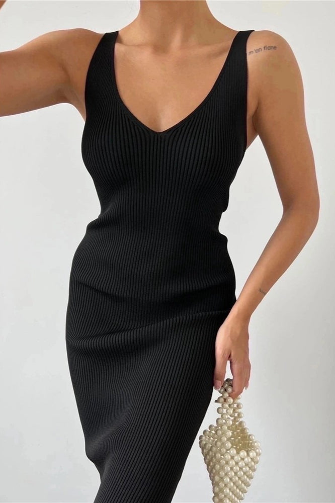 Sleeveless VNeck Knit Bodycon Midi Split Sweater Dress