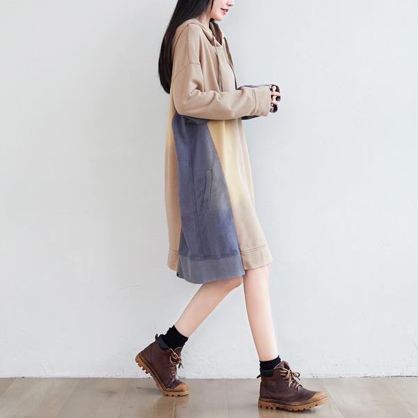 Patchwork Hooded Dress Ladies Plus Size Irregular Length Hooded Dresses