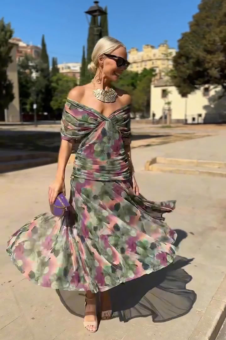 V-Neck Wrap Ruched Mesh Flutter Sleeve Flowing Maxi Dress