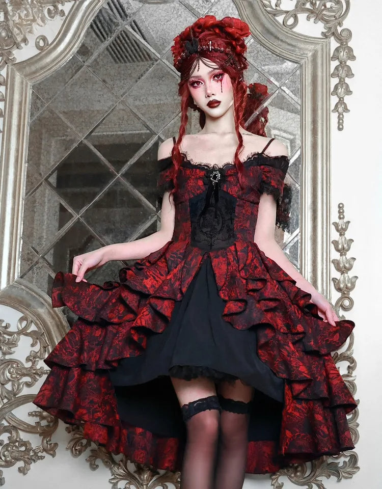 Japanese Gothic Style Red Black Halloween OffShoulder Court Wave Autumn Dark HighWaist Lolita Party Dress