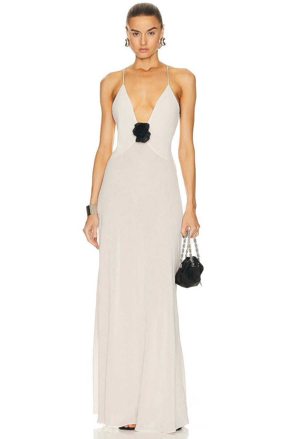 V Neck Panel Open Back Chiffon Maxi Slip Dress