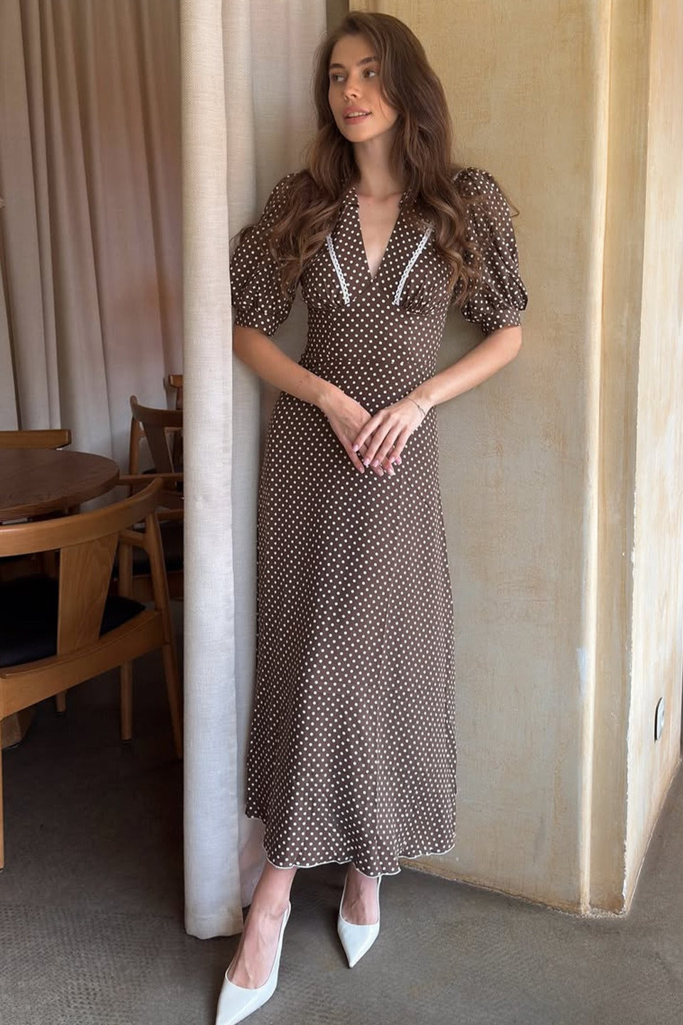 Brown Polka Dot V-Neck Puff Sleeve Bodycon Maxi Dress 5