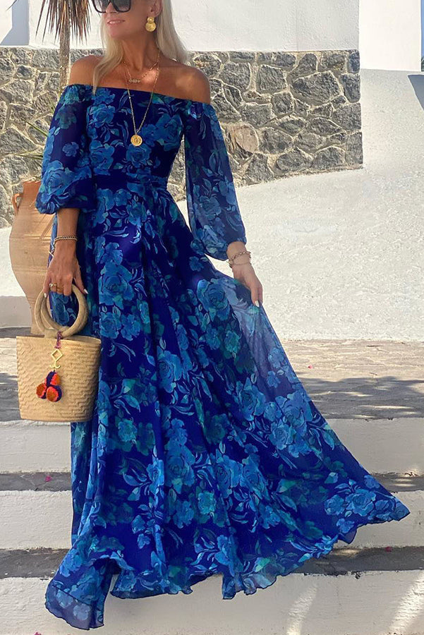 Off-Shoulder Floral Print Lantern Sleeve Tie Waist Flowy Maxi Dress