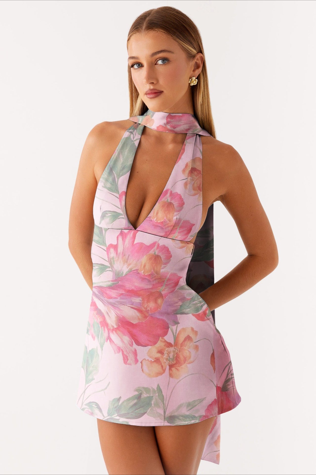 Halter Choker Deep V Neck Asymmetric Hem Watercolor Floral Print Mini Dress 4