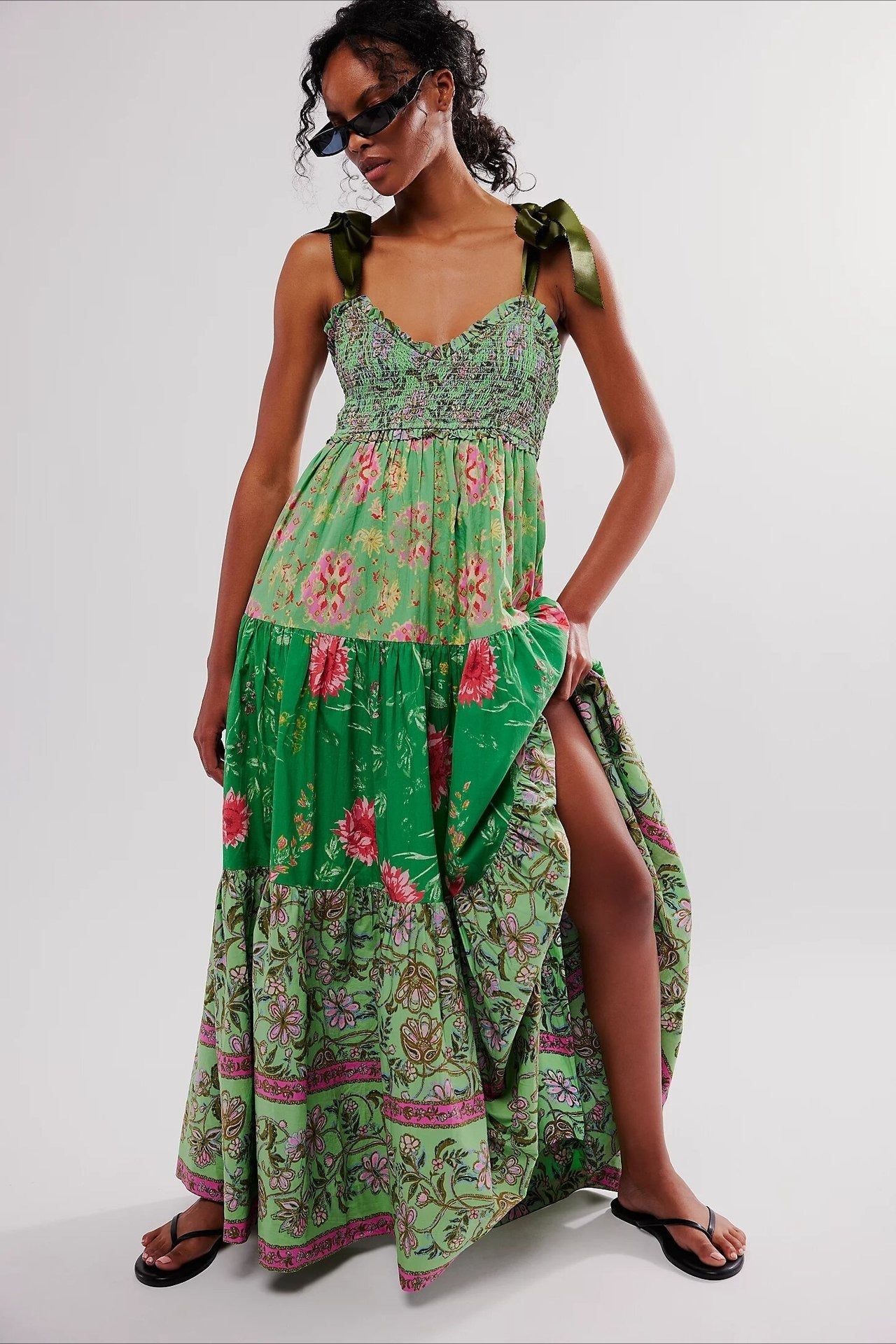Smocked V Neck Bow Shoulder Strap Mixed Floral Tiered Maxi Dress 2