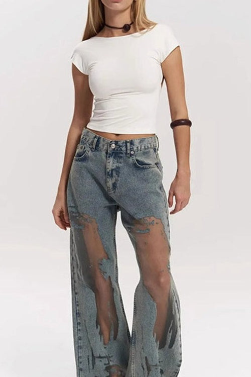 Cutout Textured Wide Jeans