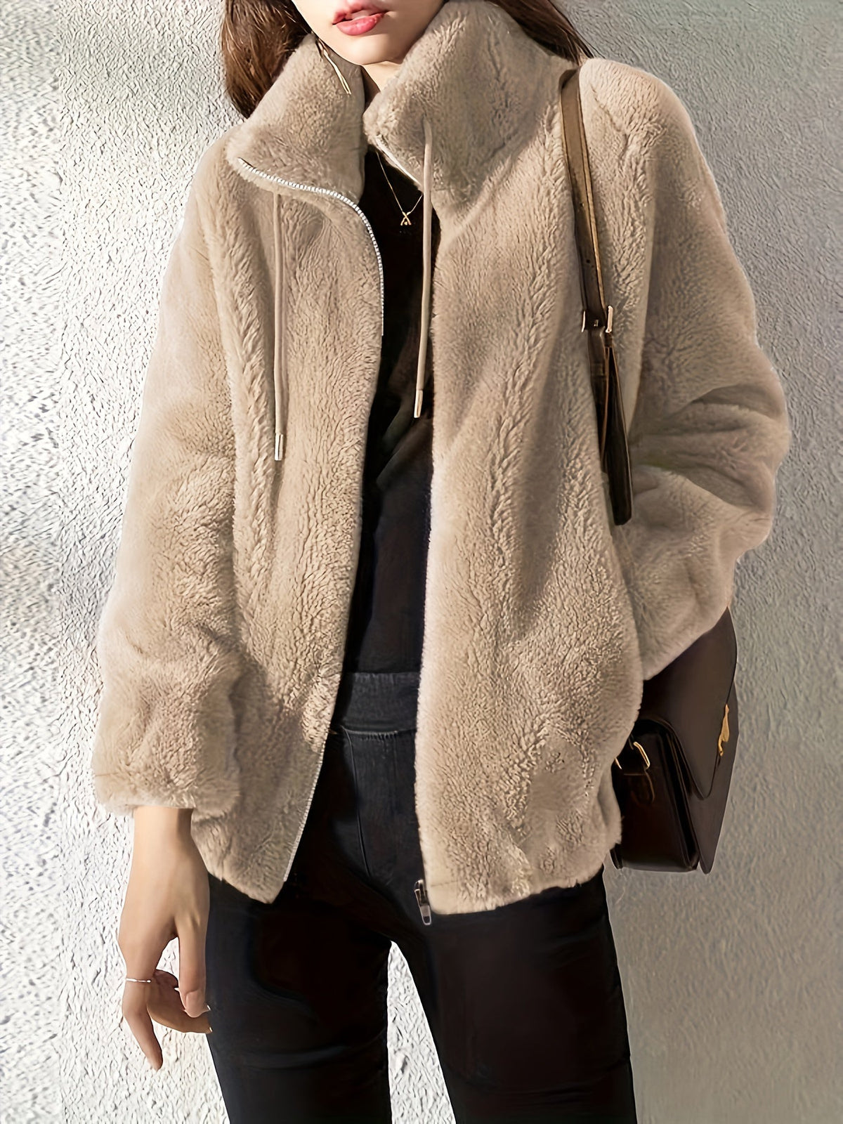 Stand Collar Zip Front Drawstring Fuzzy Fleece Jacket