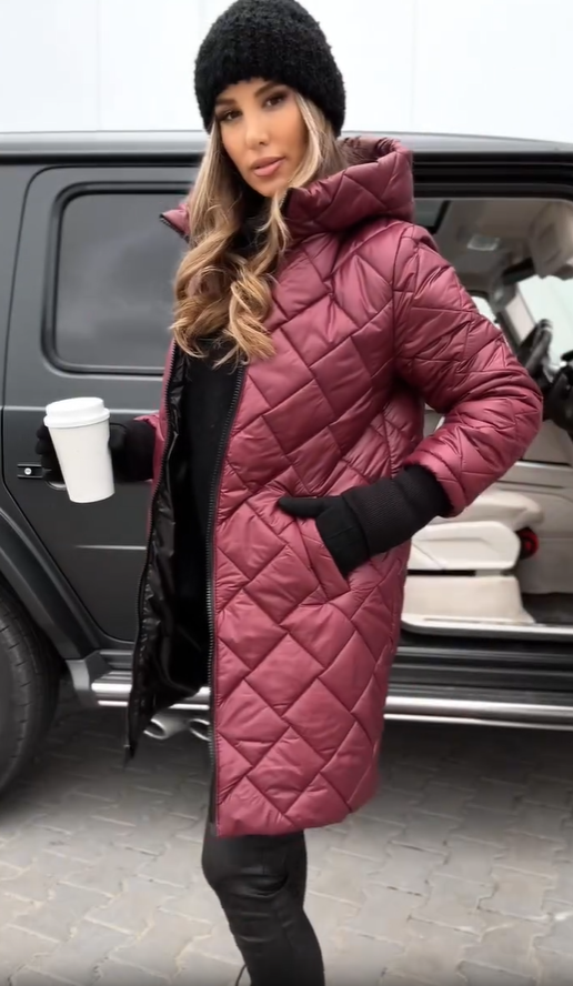 Hooded Diamond Quilted Zip-Up Longline Puffer Coat