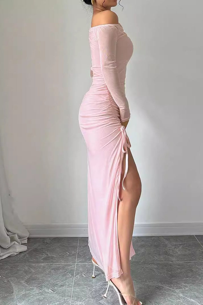 Sweet One Shoulder Mesh LongSleeve Slit Bodycon Dress