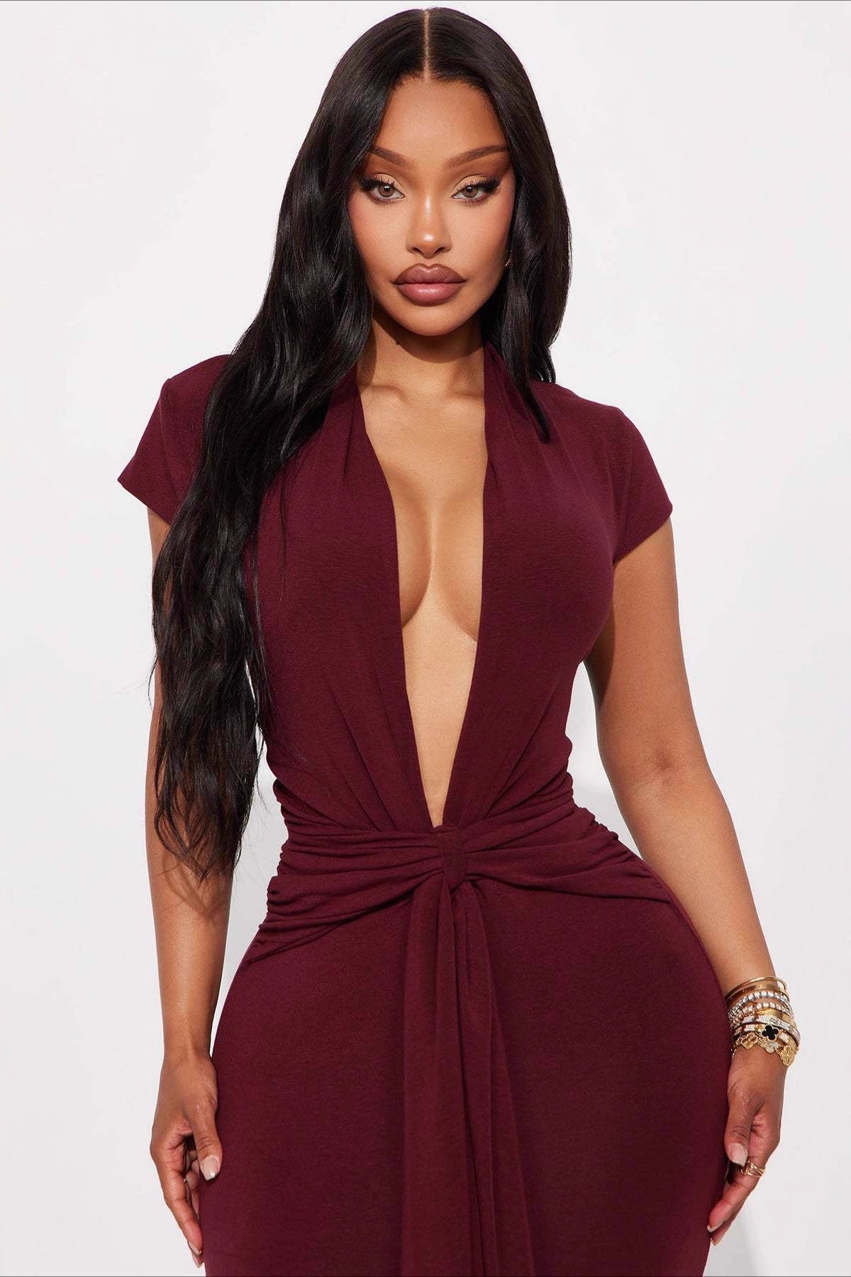 Solid Plunge V Short Sleeve Tie Slim Bodycon Dress