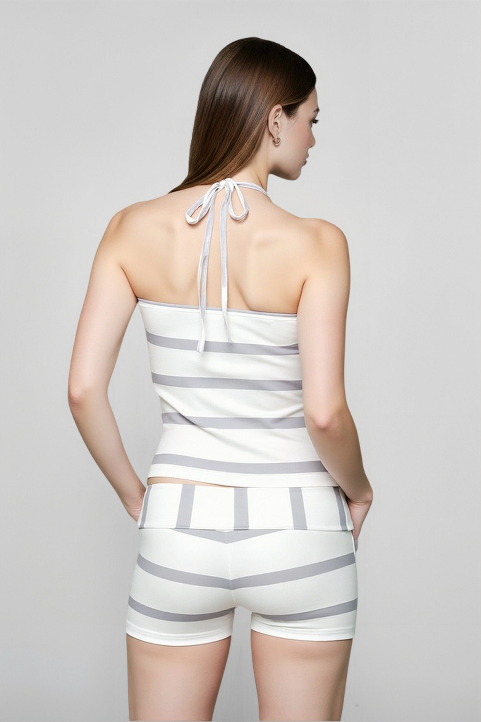 Print stripe halter tie crop vacation set