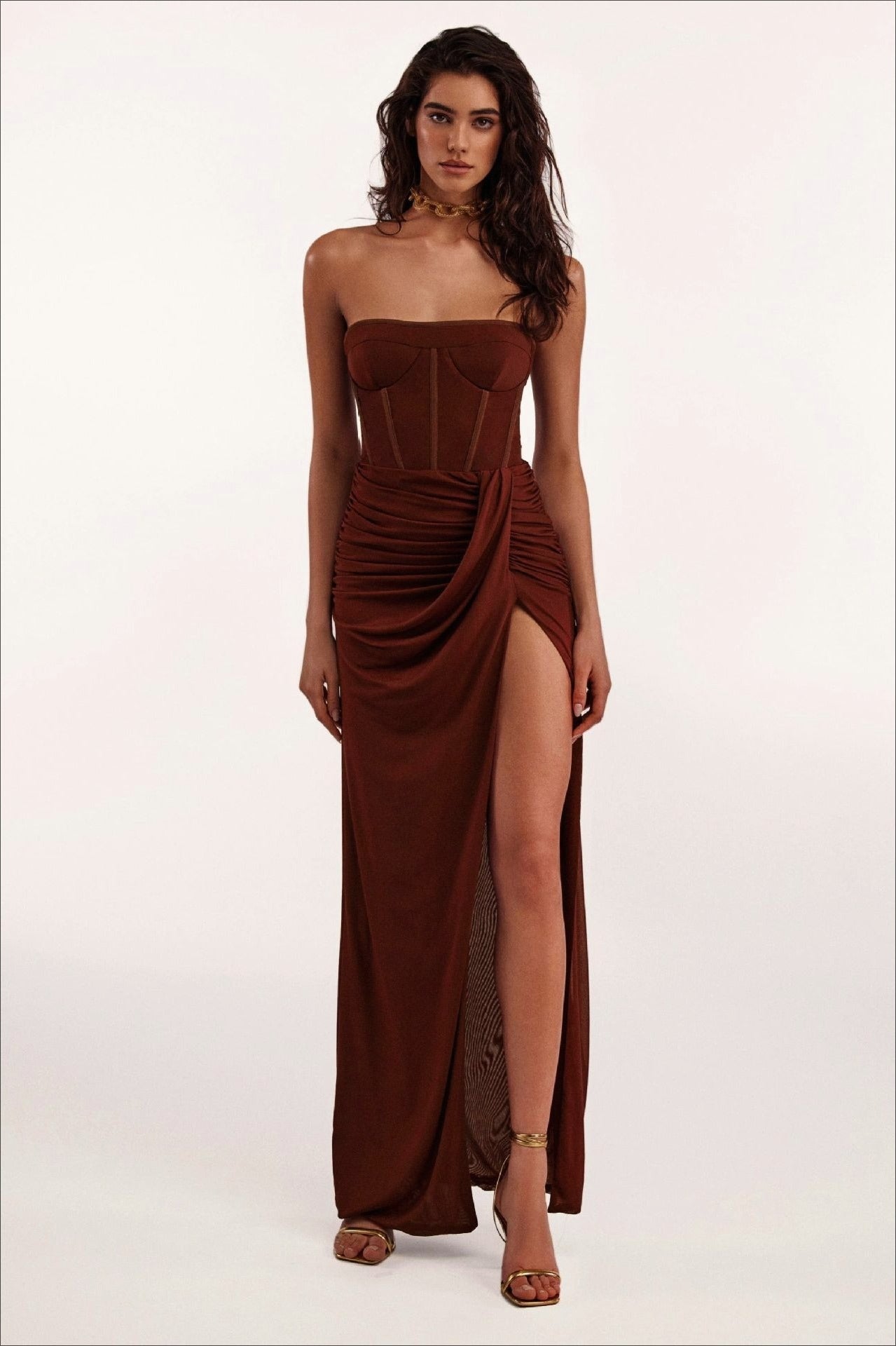 High-End Strapless Backless Ruched Slit Party Dress