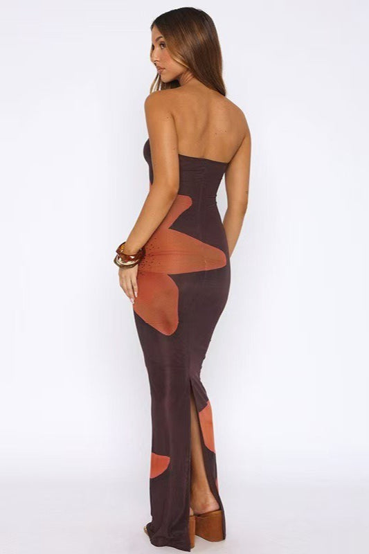 Strapless Large Lily Floral Print Mesh Bodycon Maxi Dress 3
