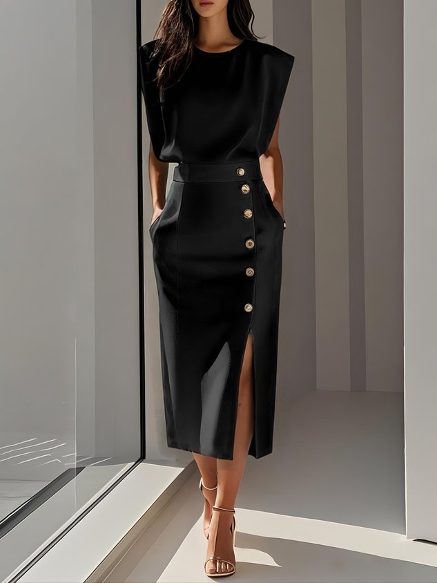 Round Neck Sleeveless Button Slit Sheath Midi Dress