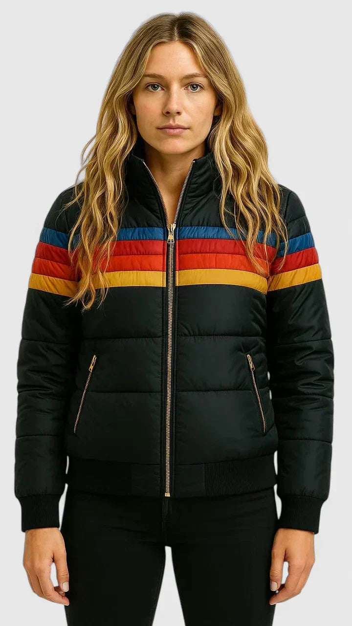 Stand Collar Zip-Front Retro Rainbow Stripe Puffer Jacket 4