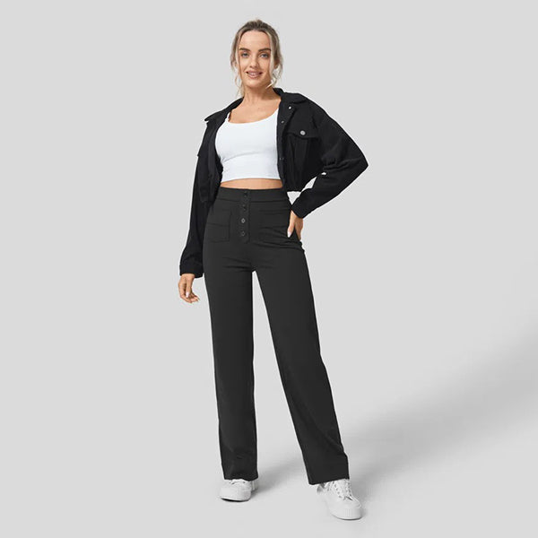High Waisted Button Multiple Pockets Straight Leg Casual Pants