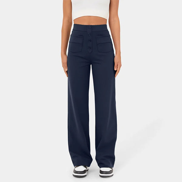 High Waisted Button Multiple Pockets Straight Leg Casual Pants