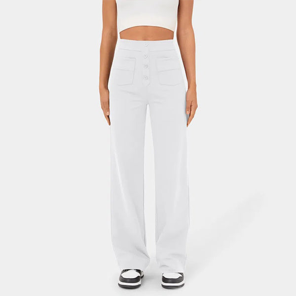 High Waisted Button Multiple Pockets Straight Leg Casual Pants