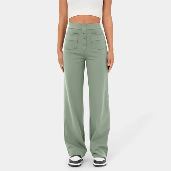 High Waisted Button Multiple Pockets Straight Leg Casual Pants