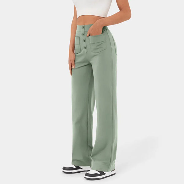 High Waisted Button Multiple Pockets Straight Leg Casual Pants