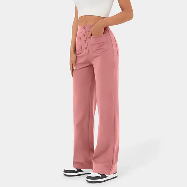 High Waisted Button Multiple Pockets Straight Leg Casual Pants