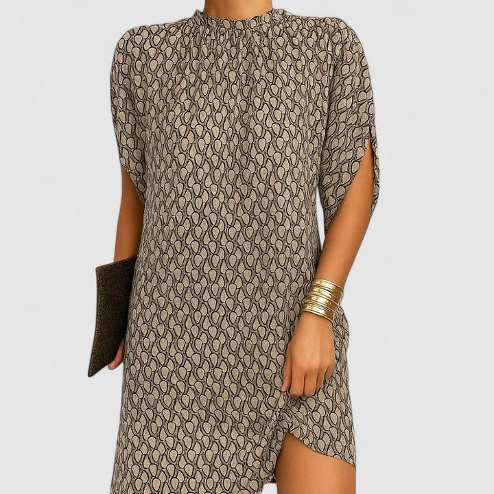 Mock Neck Gathered Cape Sleeve Curved Hem Shift Mini Dress