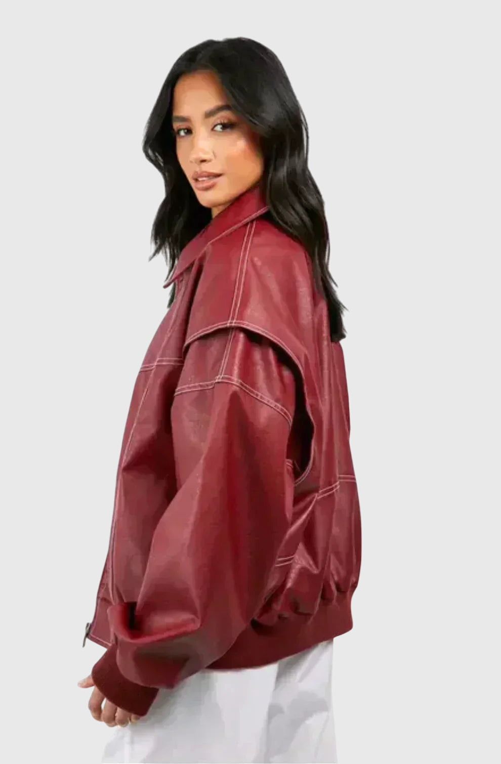 Red Spread Collar Contrast Stitch Oversized Leather Jacket