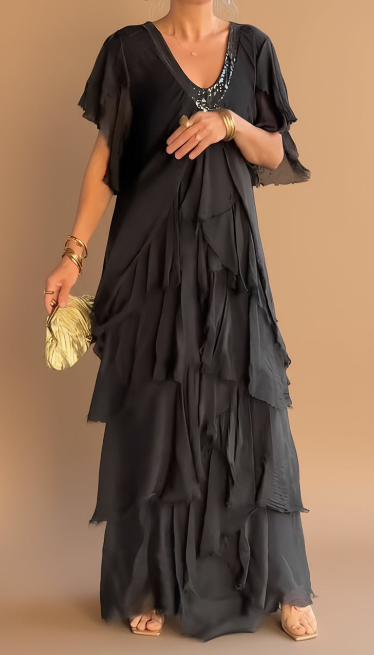 V-Neck Sequin Trim Flutter Sleeve Tiered Ruffle Chiffon Maxi Gown