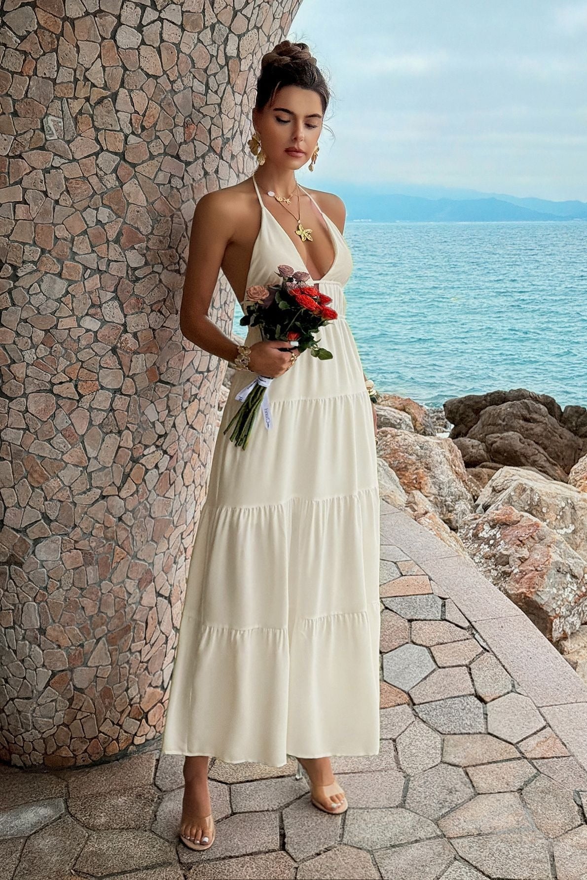 Deep V Neck Halter Smocked Waist Tiered Maxi Dress 5