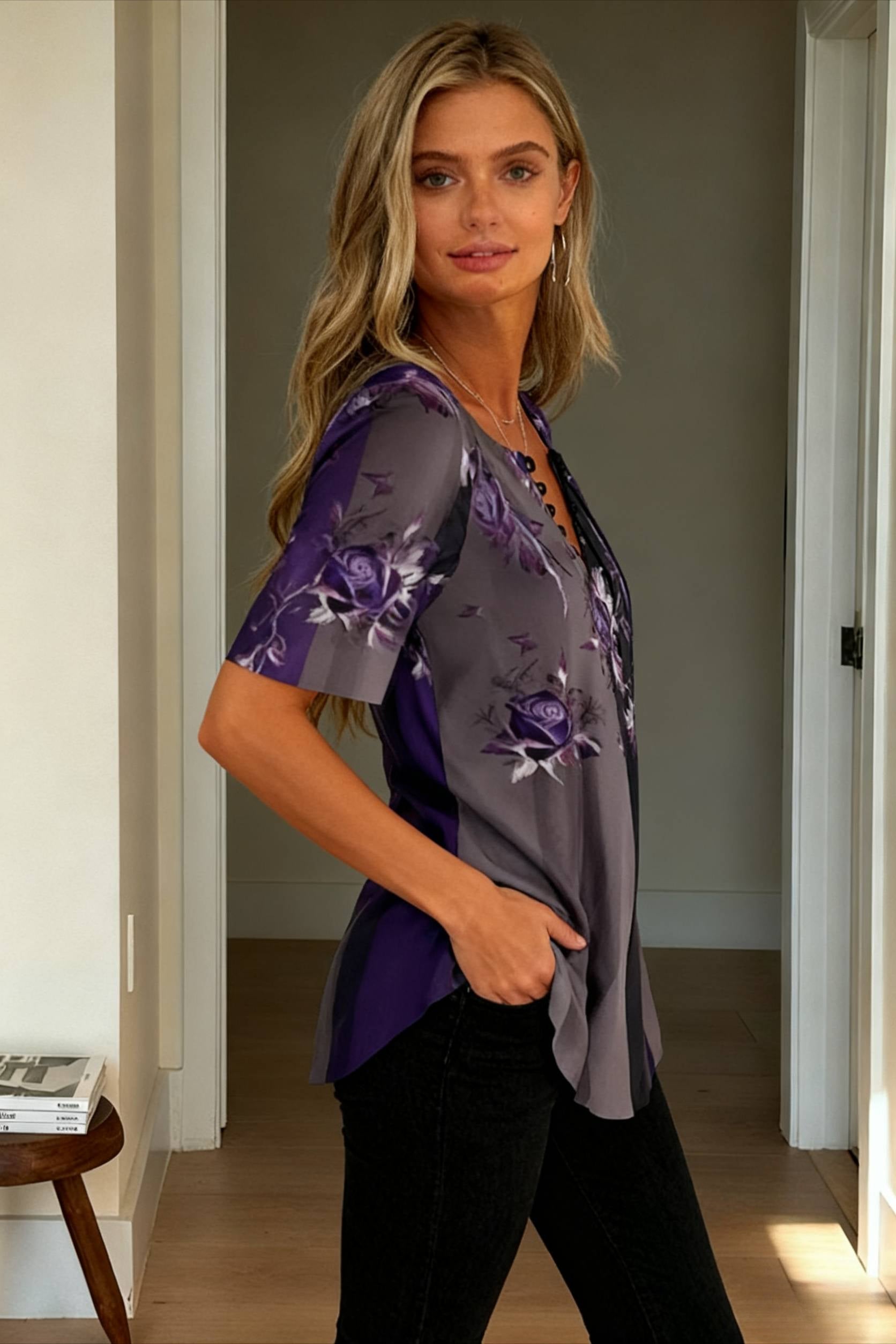 Navy Fit Flowered Women's in Brief Blue Painting Button Tunic White Sleeve Regular Neck Black with Flowered Print Round Tshirt Weekend Festive Design