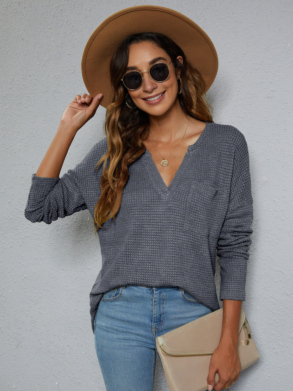 Dropped Shoulder High-Low Waffle-Knit Top Charcoal Changeable clothes long sleeve long sleeve shirts long sleeve top Ship From Overseas