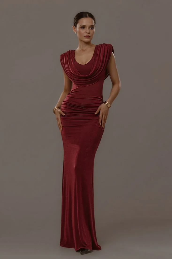 Solid Cowl Neck Ruched Waist Cinch Party Dress