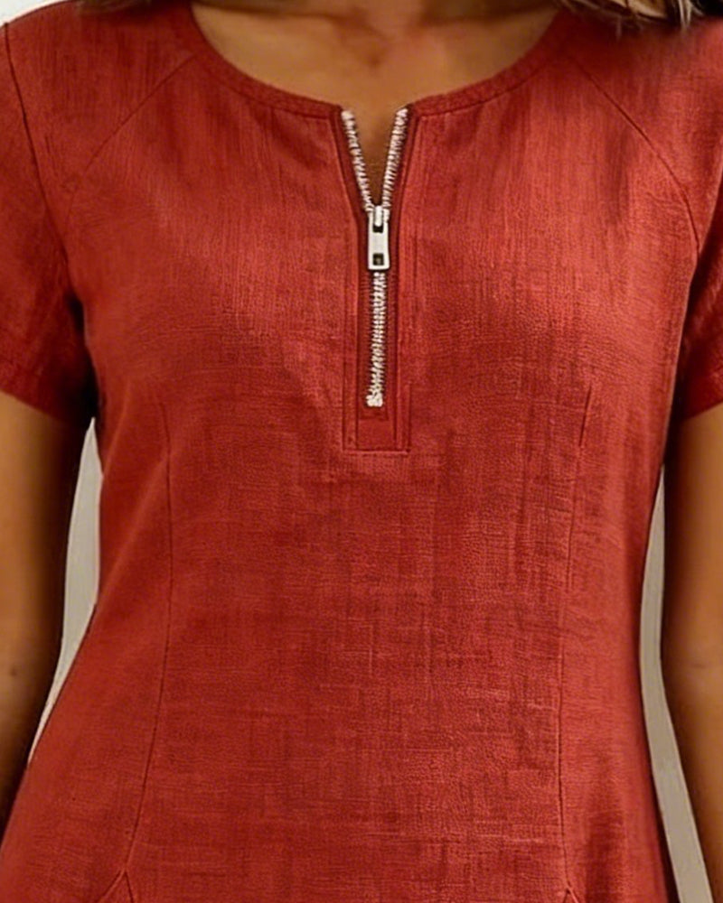 Round Neck Zip Front Short Sleeve Pocket Shift Mini Dress 4