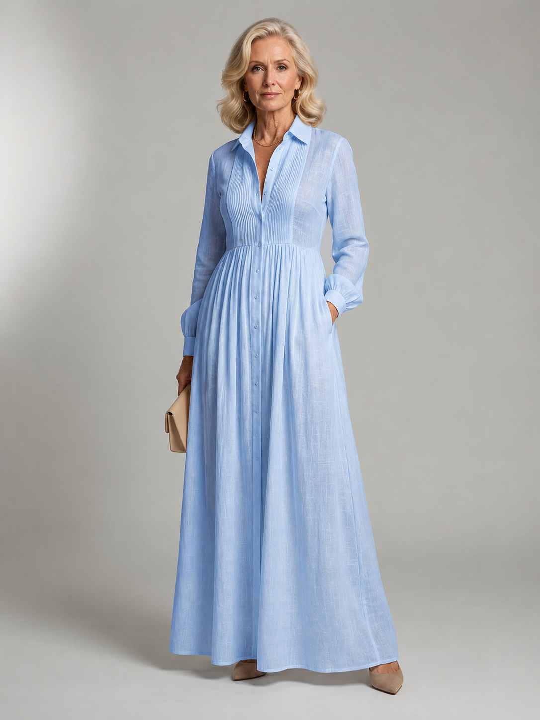 Collared Button-Front Pintuck Pleated Long Sleeve Shirt Maxi Dress