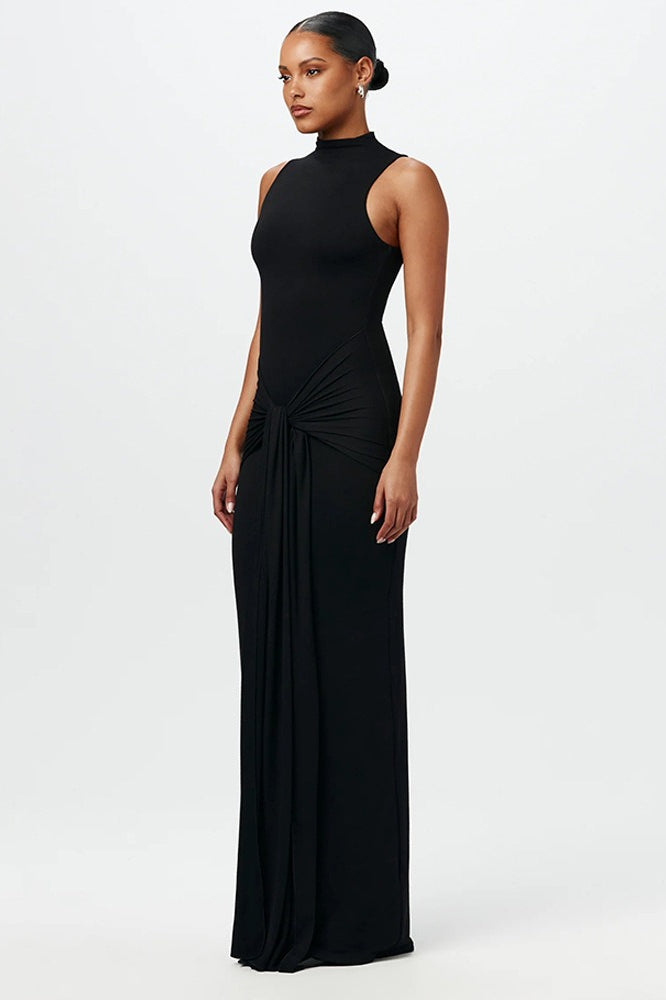Solid Crew Neck Sleeveless Tie Bodycon Party Dress