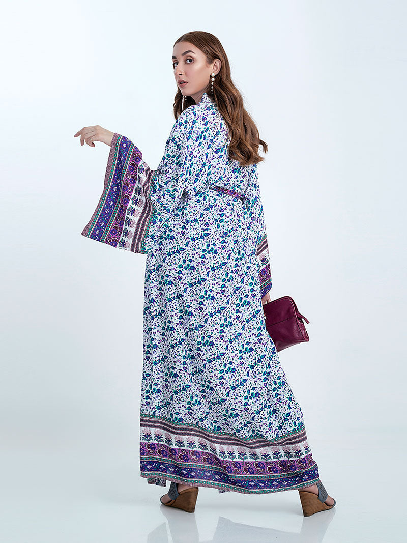 Ditsy Floral Print Wide Sleeve Bordered Long Kimono Robe