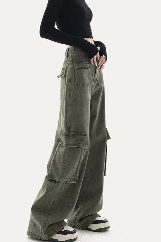 Chic Cargo Straight Wide-Leg Casual Jeans