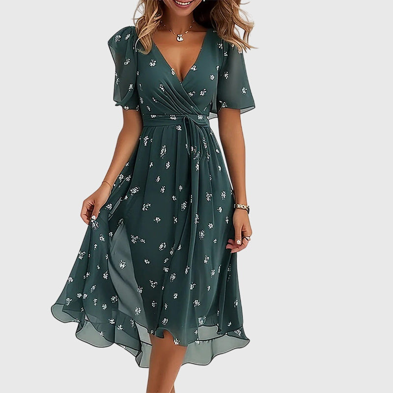 Surplice V-Neck Abstract Watercolor Print Flutter Sleeve Tie Waist Midi Dress