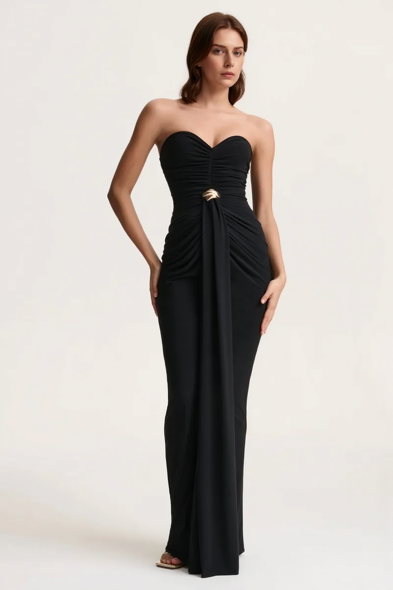 Strapless Ruched Waist Sash Party Dress