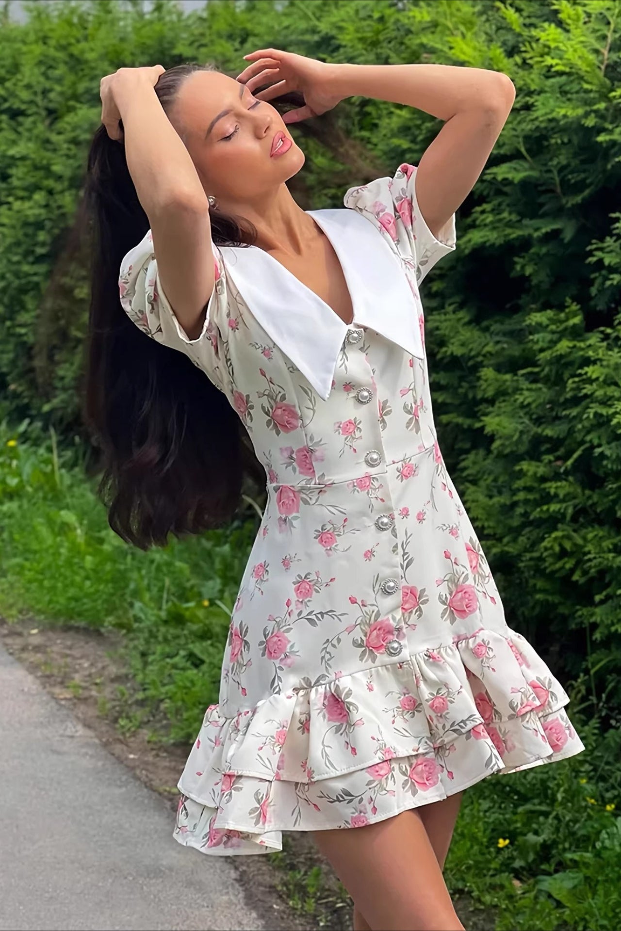 Romantic V Neck Puff Sleeve Ruffle Waist Short Floral Dress