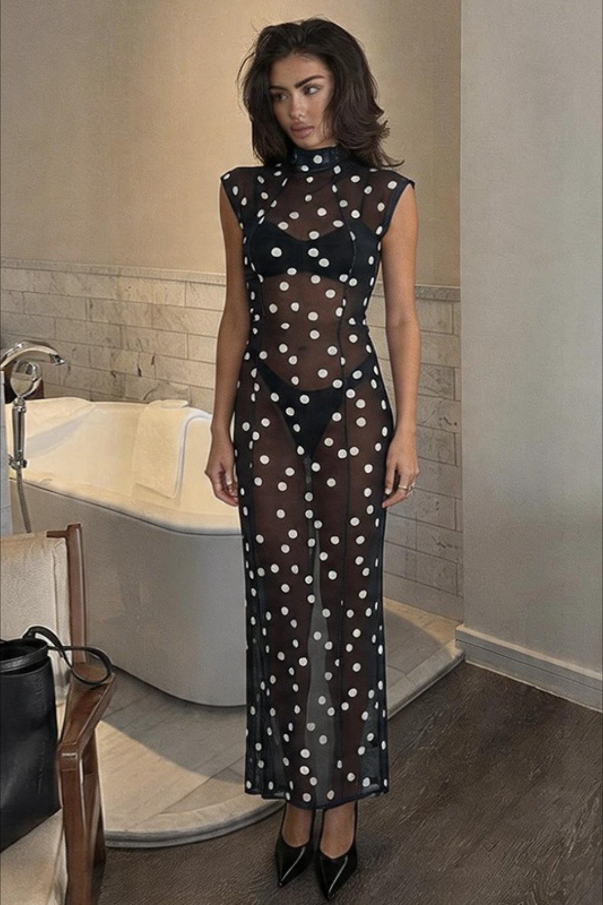 Sexy Polka Dot Silk Tie Waist Sleeveless Party Dress