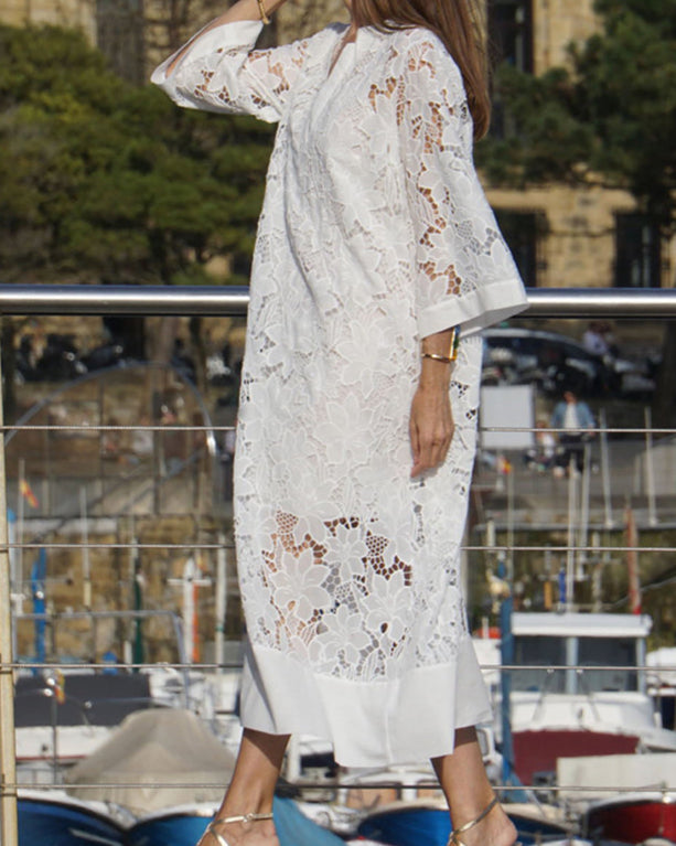 Notch V-Neck Floral Guipure Lace Three Quarter Sleeve Shift Maxi Dress 13