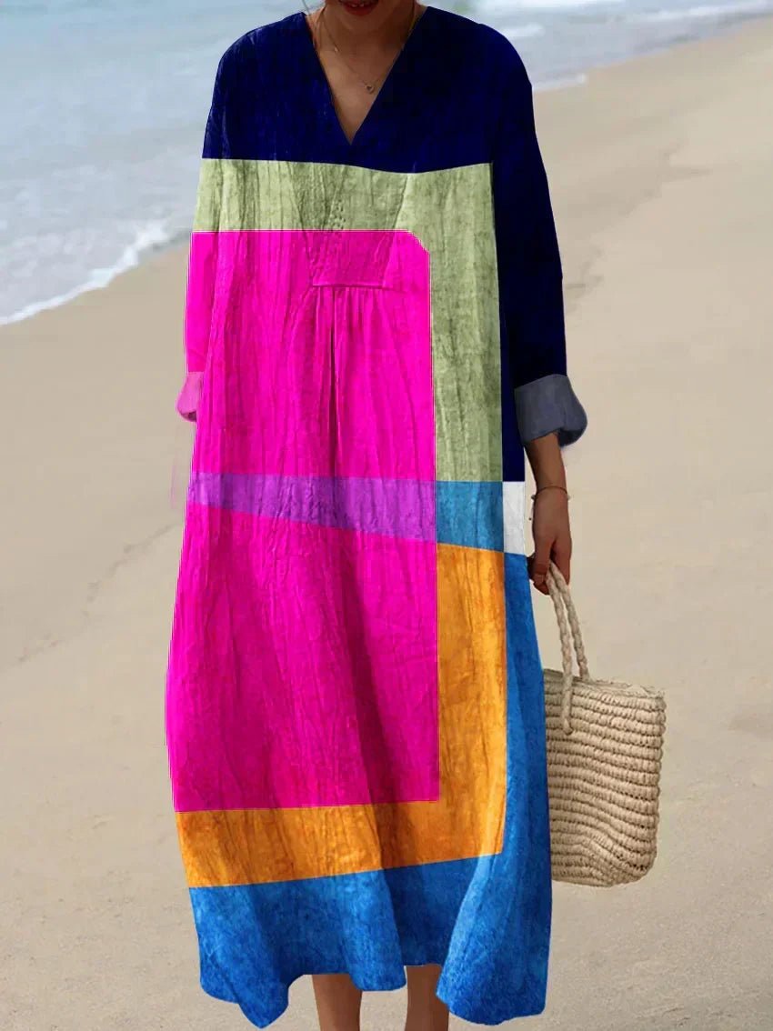 V-Neck Colorblock Geometric Long Sleeve Shift Maxi Dress