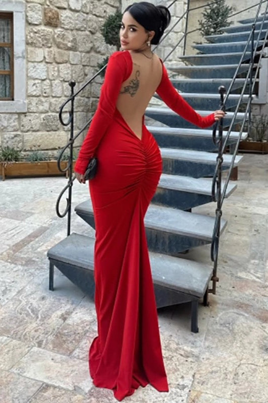 Long Sleeve Backless Bodycon With Side Slit Dress