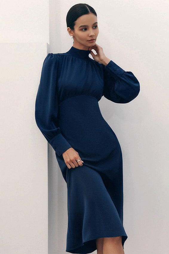 High Neck Long Sleeve A Line Midi Dress