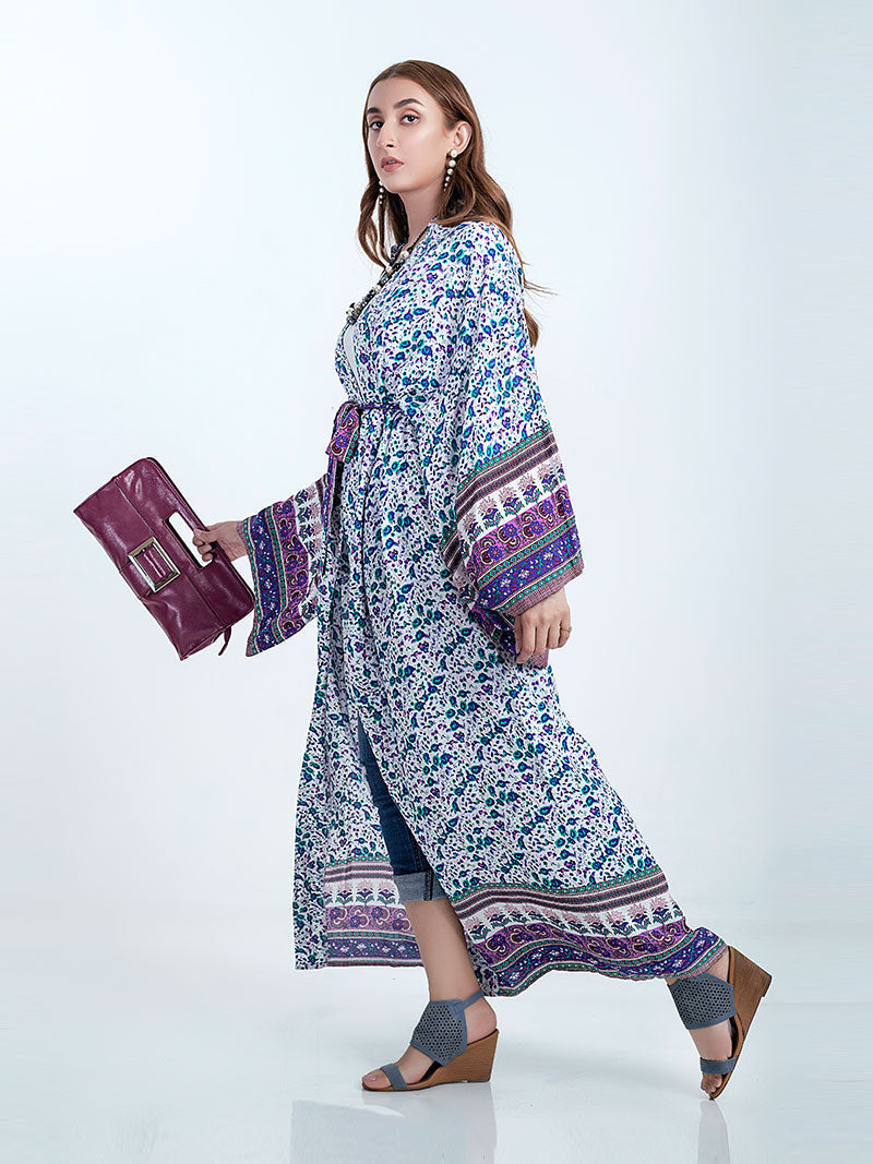 Ditsy Floral Print Wide Sleeve Bordered Long Kimono Robe