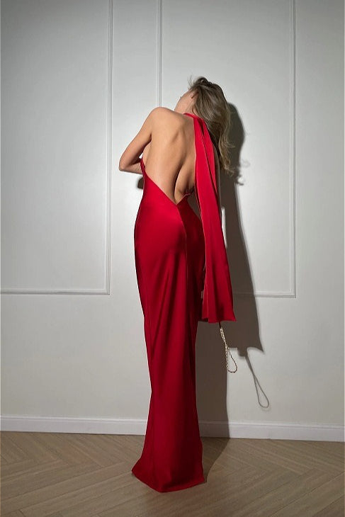Satin Backless Solid Sexy Party Dress