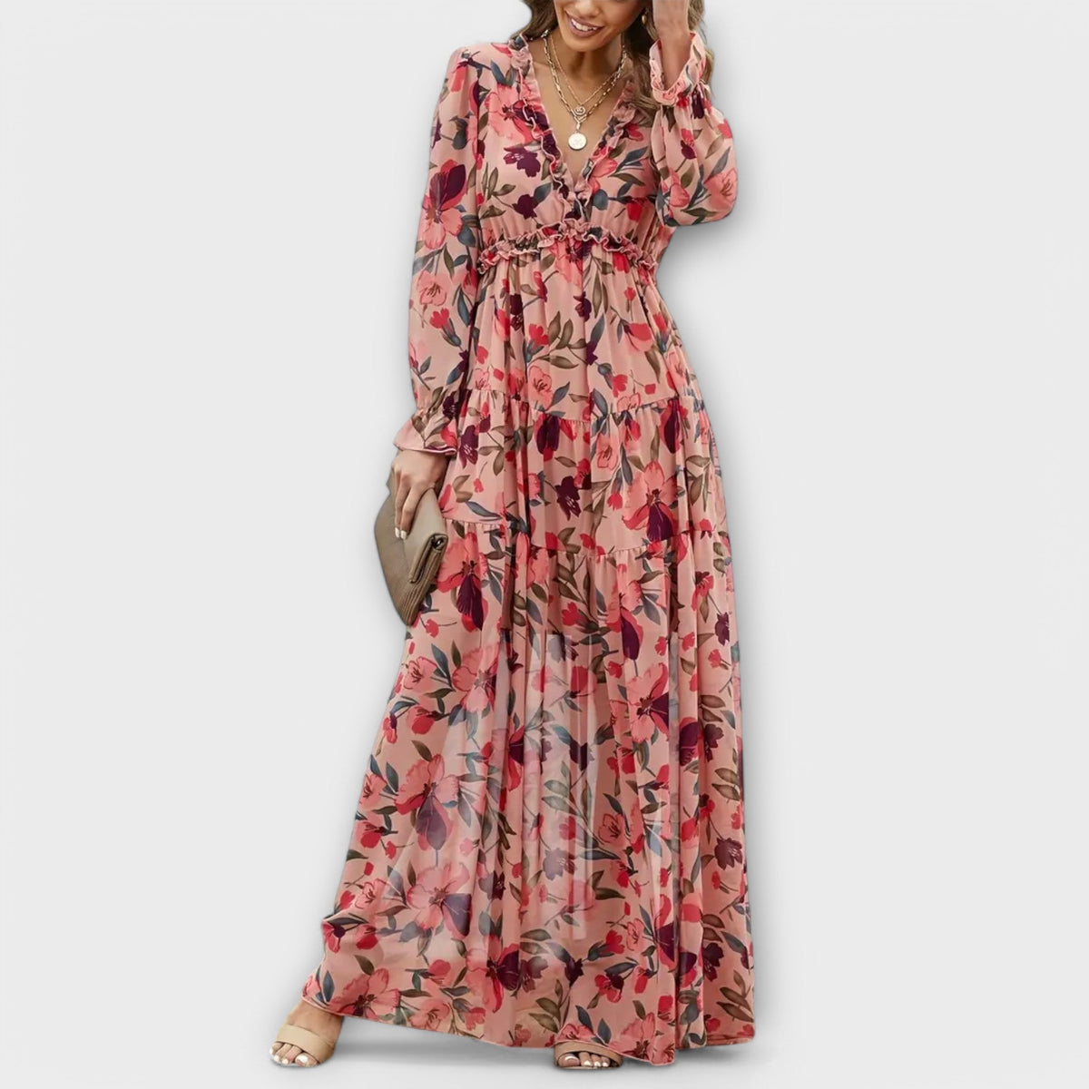 Ruffle V-Neck Floral Chiffon Long Sleeve Tiered Boho Maxi Dress