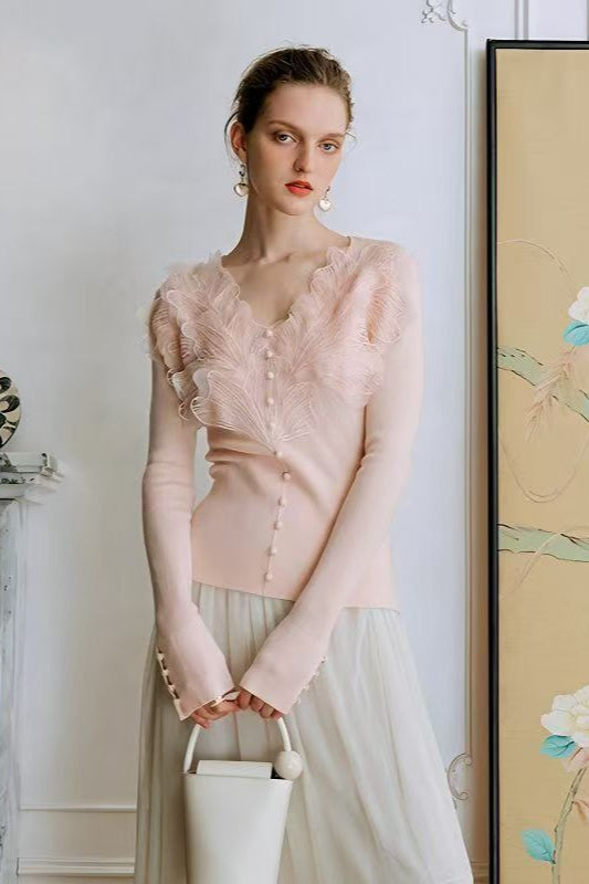 3D Floral Lace VNeck Knit Top