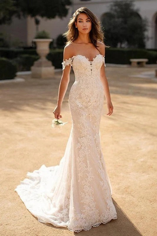 Vintage Off Shoulder A Line Wedding Dress